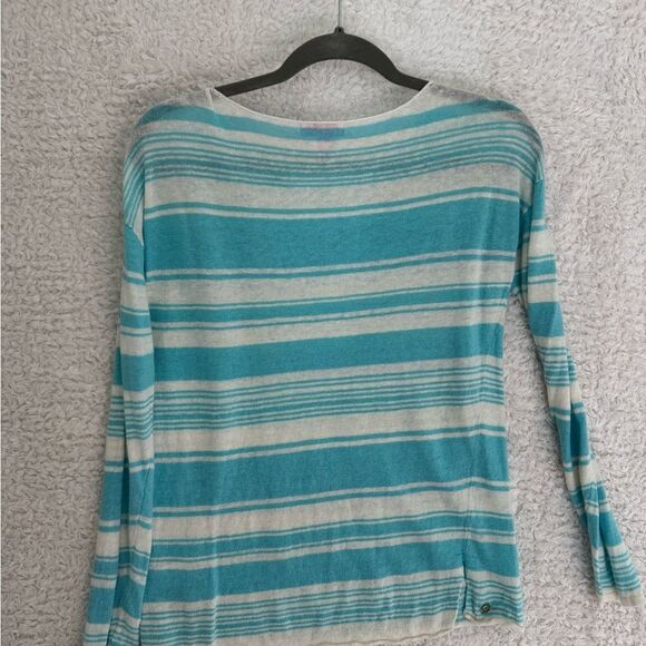small- Lilly Pulitzer Teal and white Striped Long Sleeve Top linen sweater - Picture 8 of 8